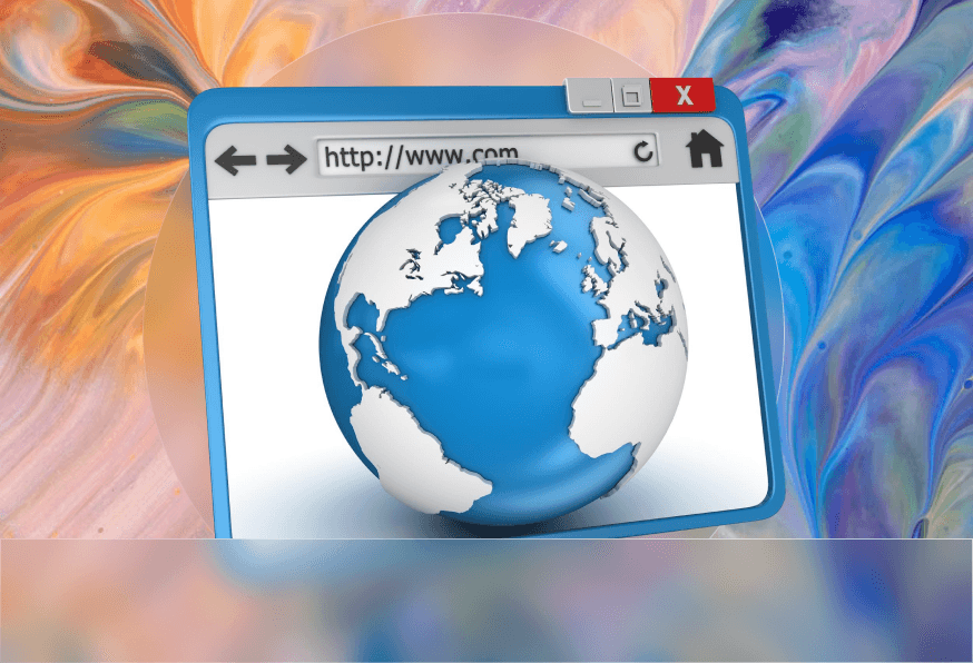 Browser window with a globe on a colorful abstract background