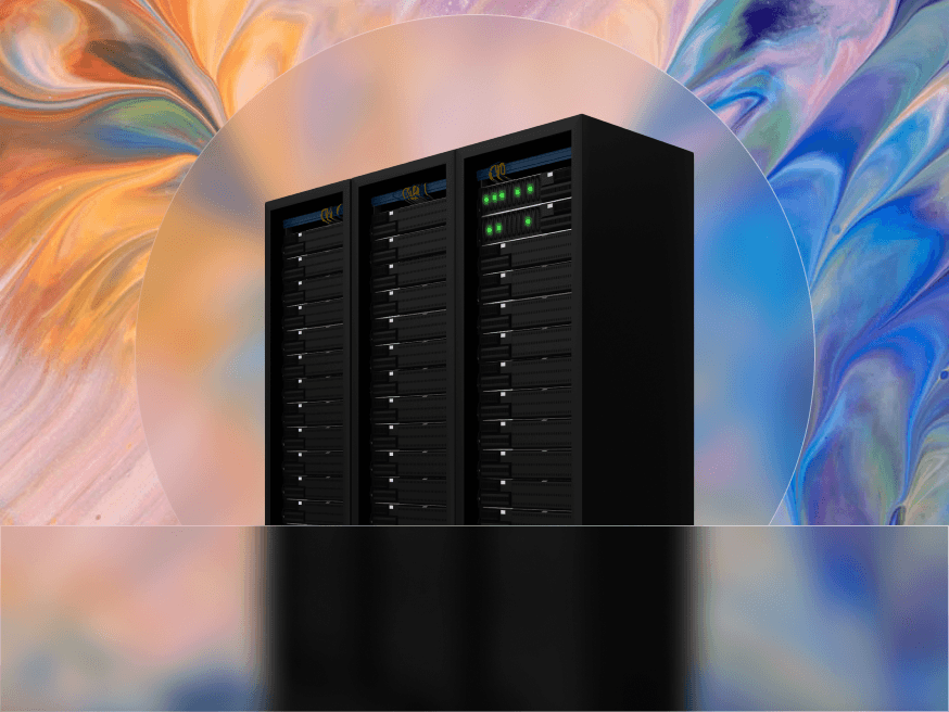 Server racks in front of a colorful abstract background