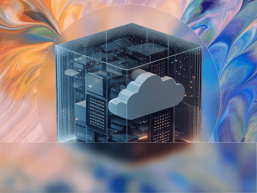 Server racks in front of a colorful abstract background