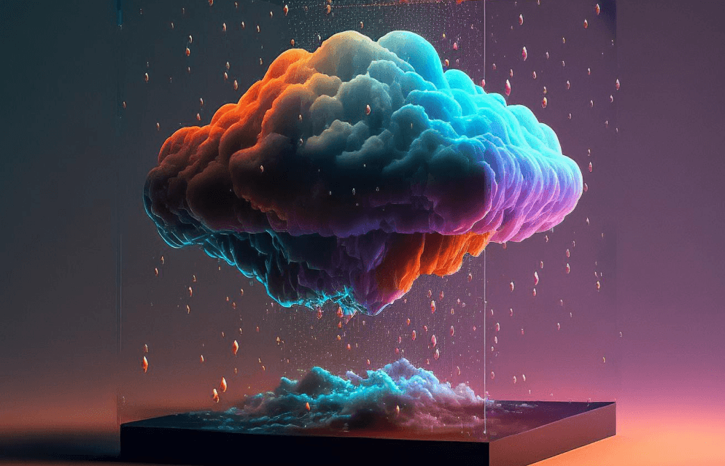 Colorful cloud raining inside a glass box