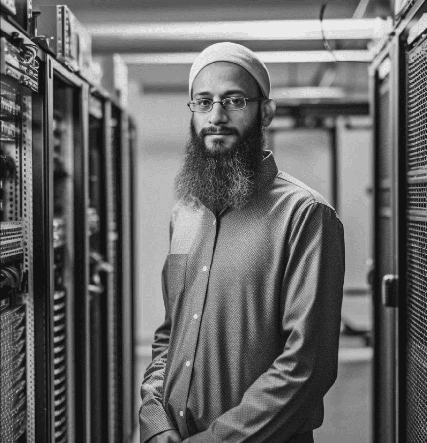 Engineer standing between server racks in a data center