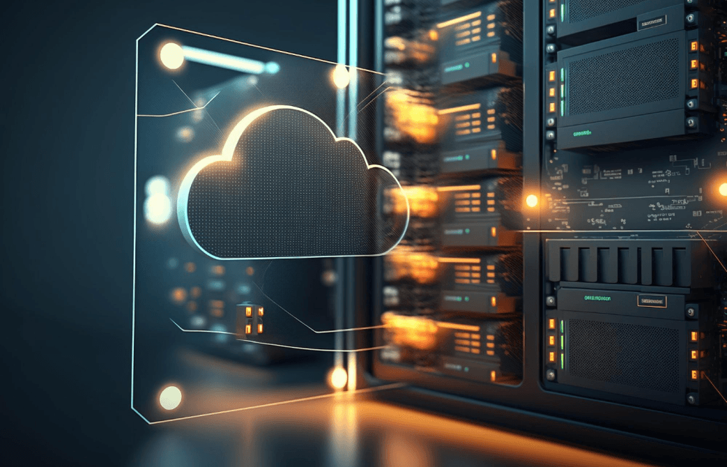 Digital cloud connected to a server inside a glass case